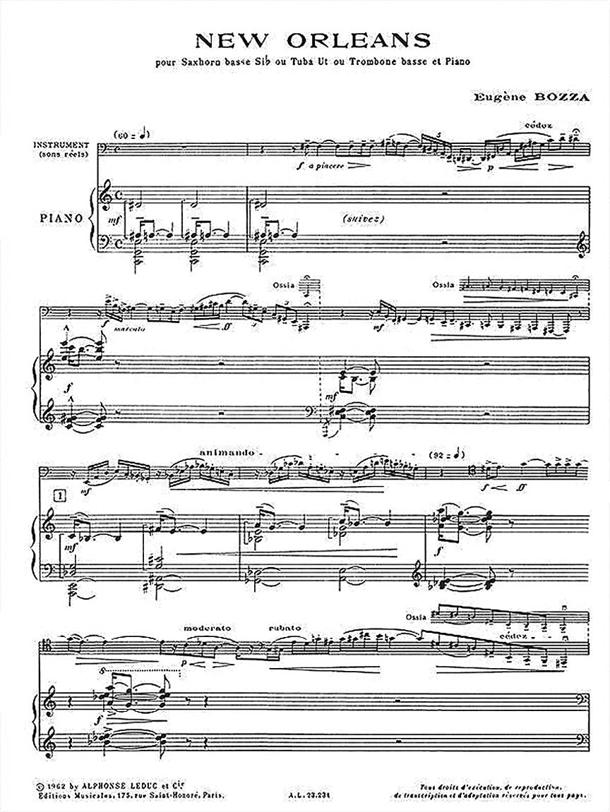 Bozza New-Orleans Pour Saxhorn Basse (ou Tuba, Ou Trombonne Basse) Et Piano