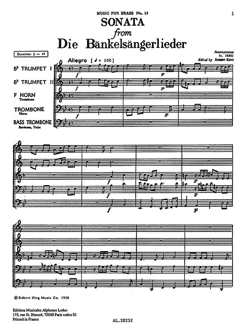 Anonymous: Sonata from Die Bankelsangerlieder Brass Choir or Quintet