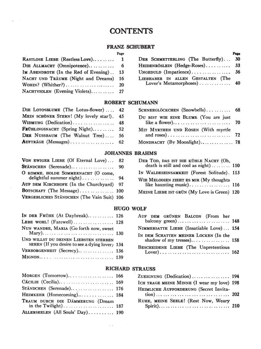 50 Selected Songs by Schubert, Schumann, Brahms, Wolf, and Strauss