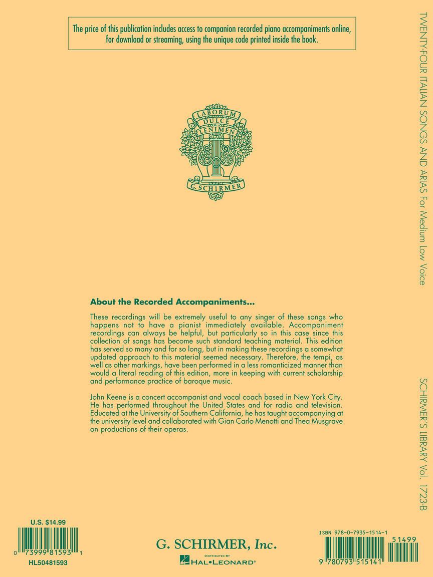 Twenty Four Italian Songs & Arias of the 17th & 18th Centuries Medium Low Voice – Book with Online Audio