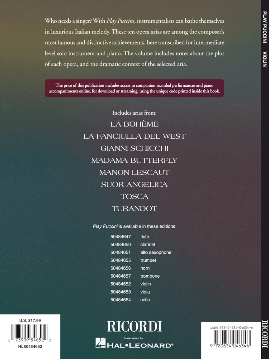 Play Puccini 10 Arias Transcribed for Violin & Piano