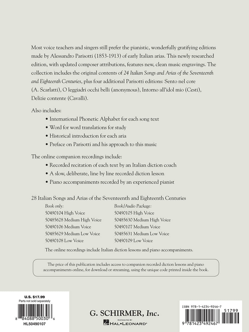 28 Italian Songs & Arias of the 17th & 18th Centuries Medium Voice