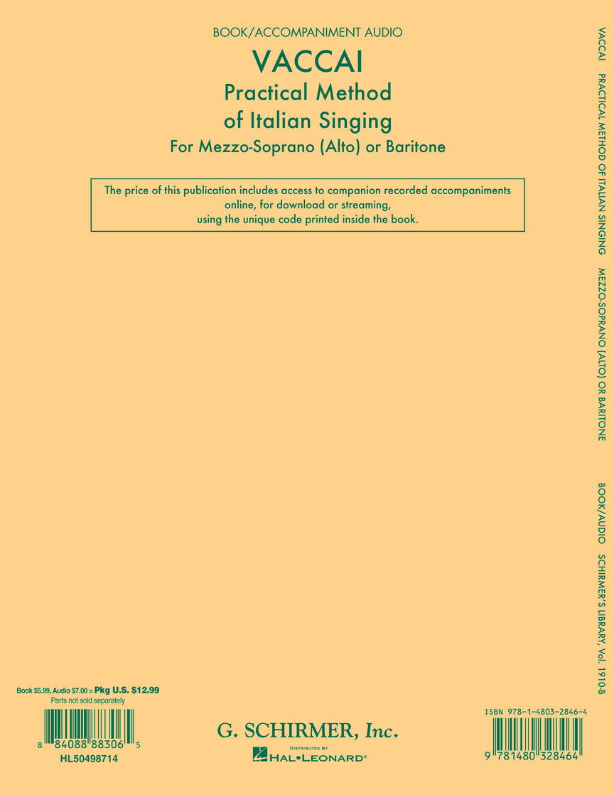 Vaccai Practical Method of Italian Singing for Mezzo-Soprano (Alto) or Baritone - Book/Online Audio