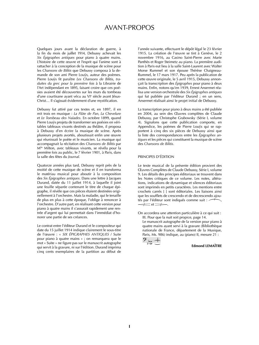 Debussy Six Epigraphes Antiques for Piano Four-Hand from the Complete Edition