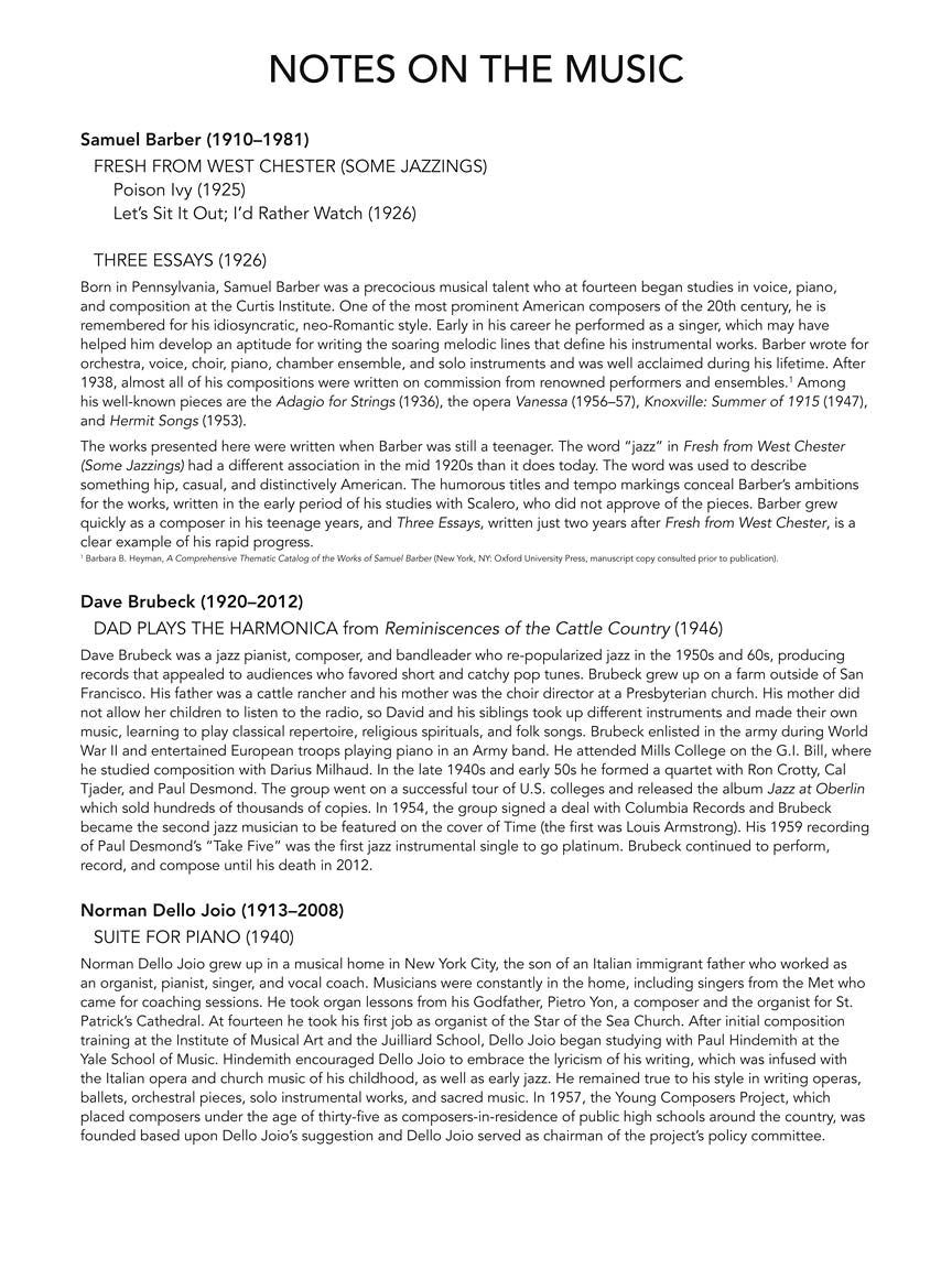 20th Century American Composers - Upper Intermediate to Early Advanced Level Piano