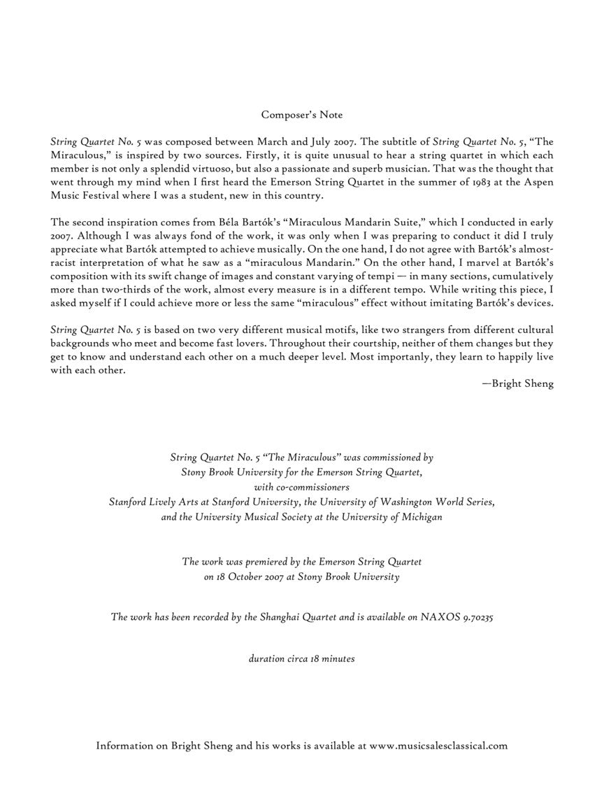 String Quartet No. 5 The Miraculous - Score and Parts