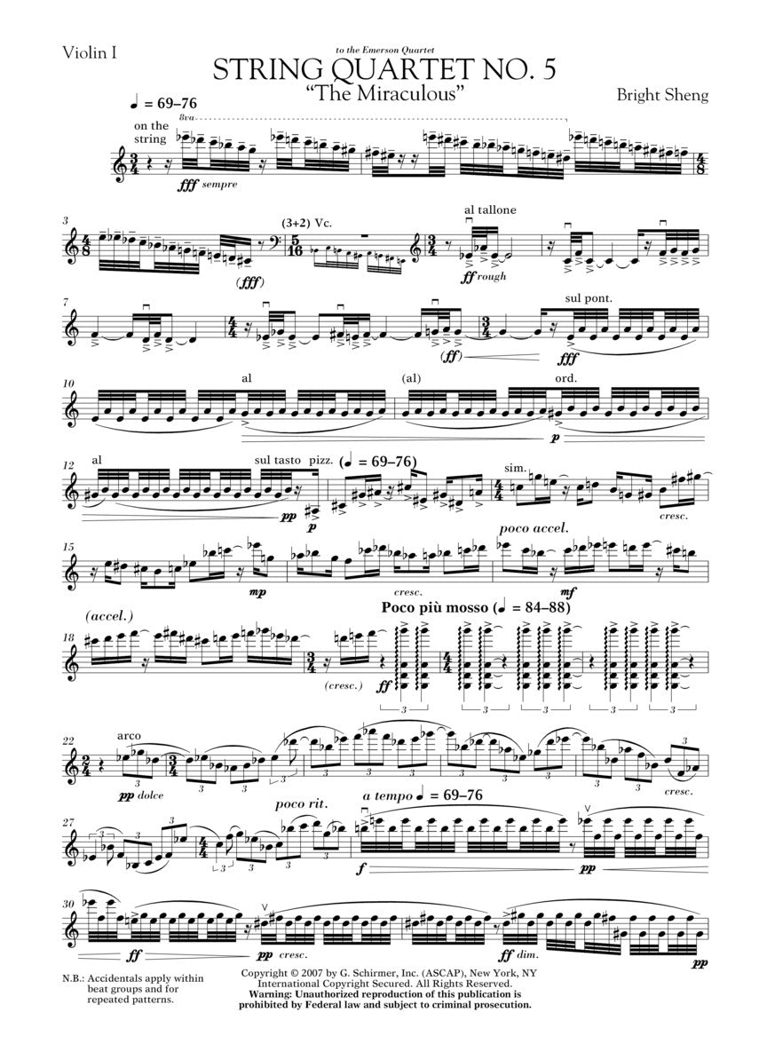 String Quartet No. 5 The Miraculous - Score and Parts