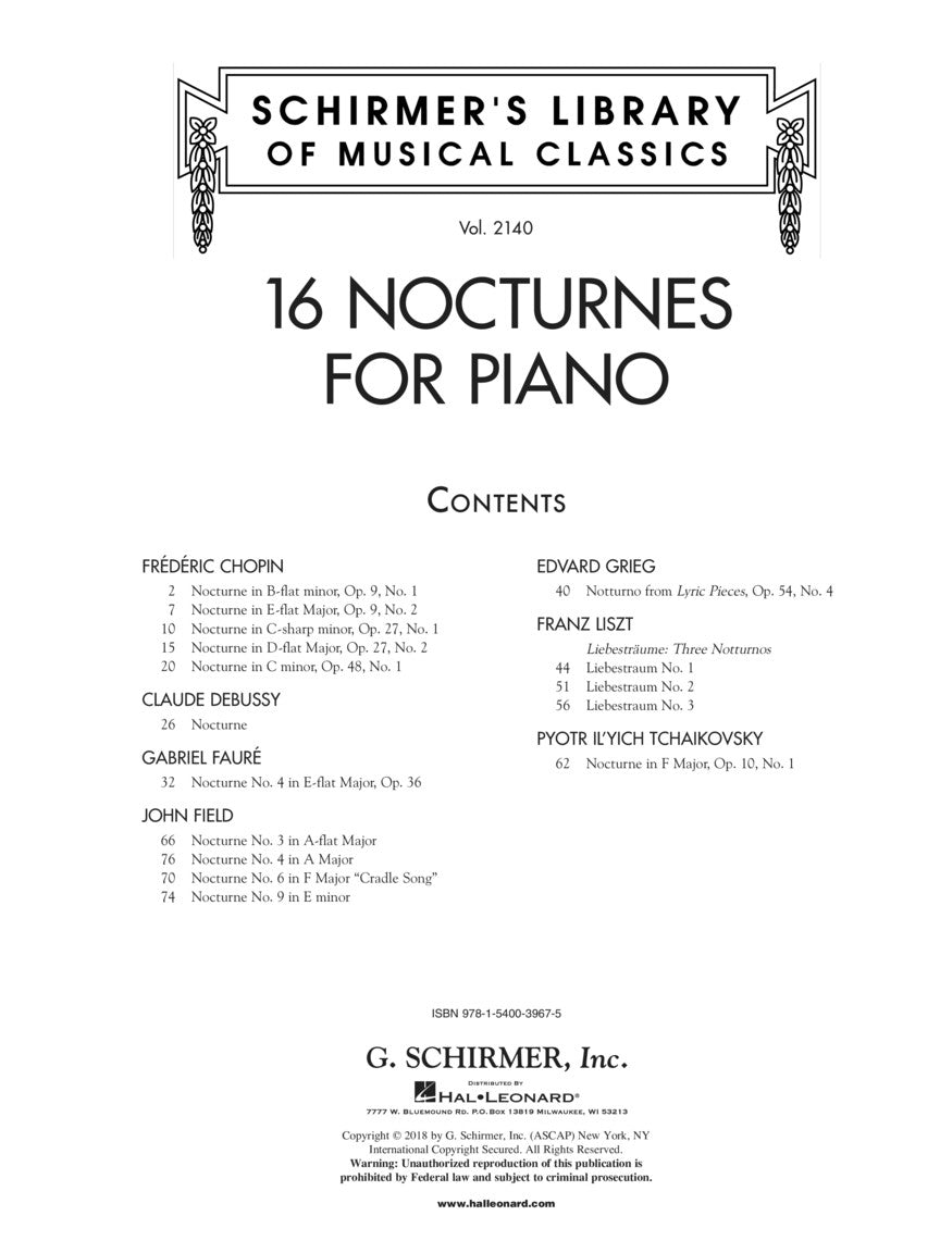 16 Nocturnes For Piano Schirmer Library - Schirmer Library 2140