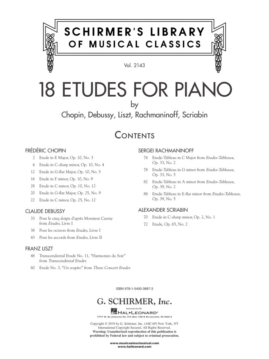 18 Etudes for Piano - Schirmer's Library of Musical Classics Vol. 2143