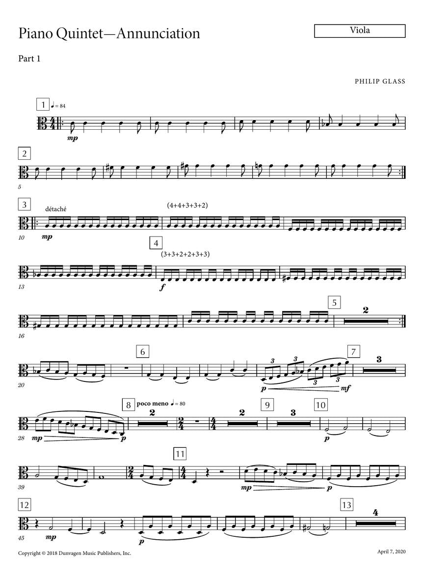 Glass Piano Quintet No. 1 “Annunciation” for Piano Quintet