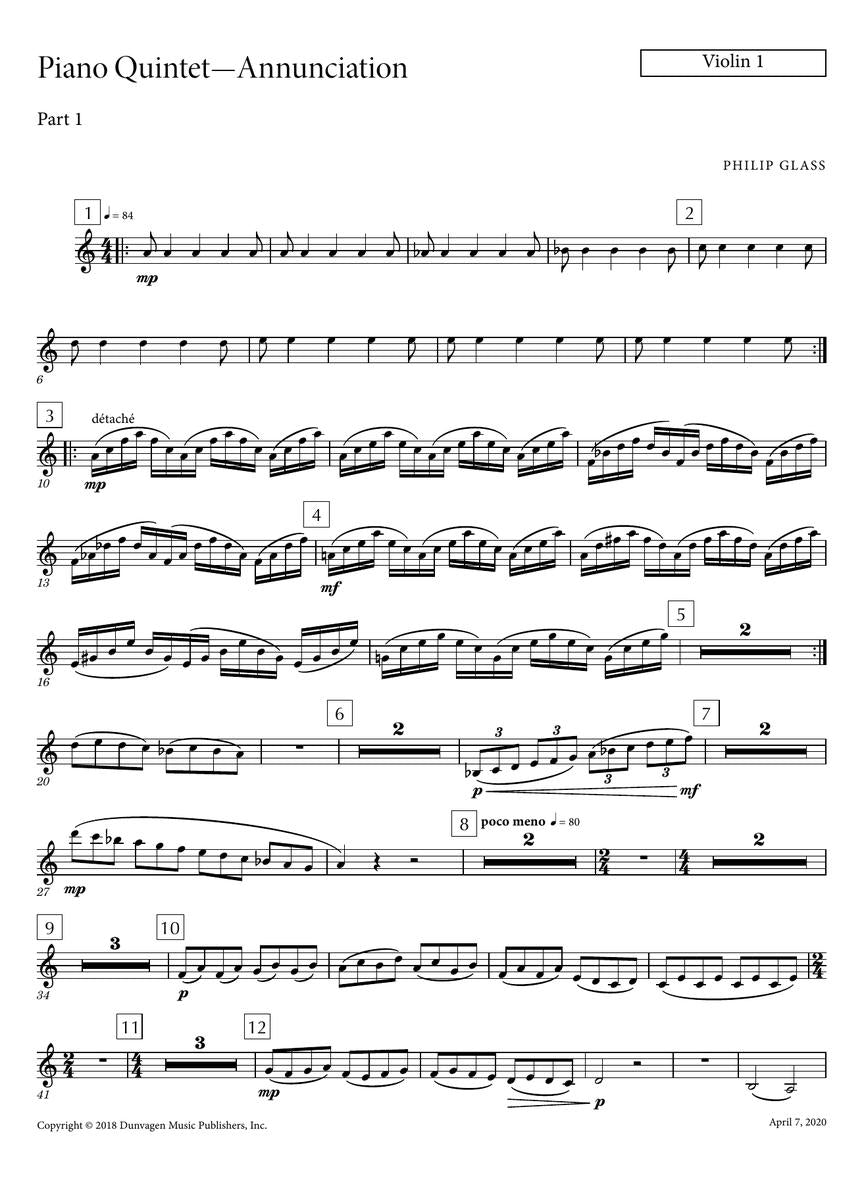 Glass Piano Quintet No. 1 “Annunciation” for Piano Quintet