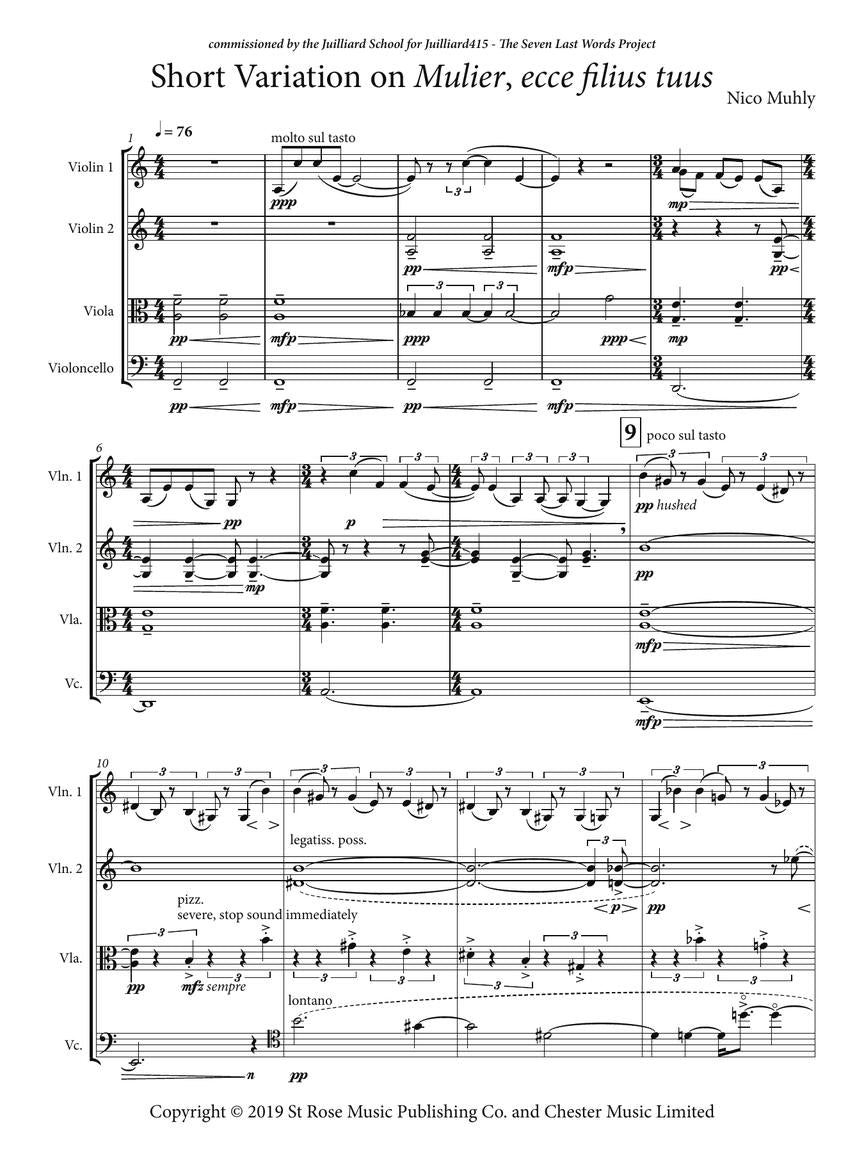 Muhly Short Variation on Mulier, ecce filius tuus for String Quartet