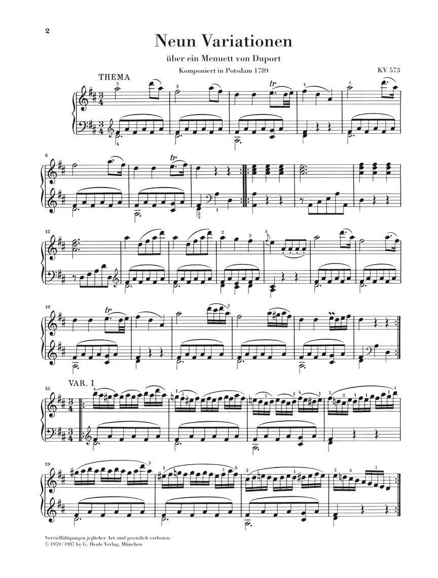 Mozart 9 Variations on a Minuet by Duport K573