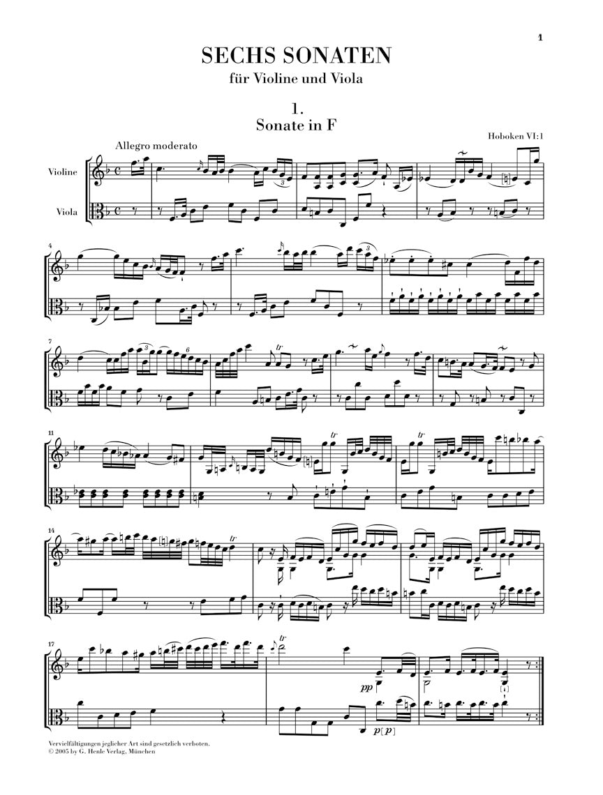 Haydn 6 Sonatas for Violin and Viola