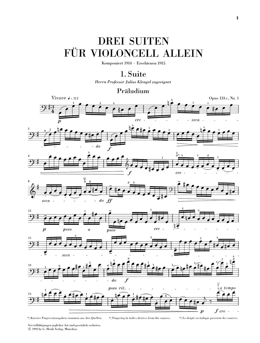 Reger 3 Suites for Violoncello Solo Op. 131c