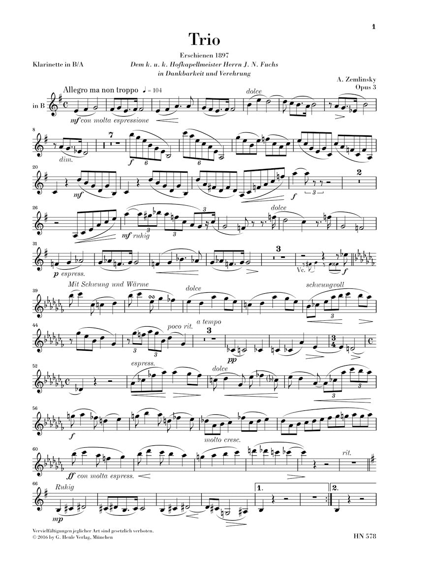 Zemlinsky Trio for Piano, Clarinet (Violin) and Violoncello in d minor Opus 3