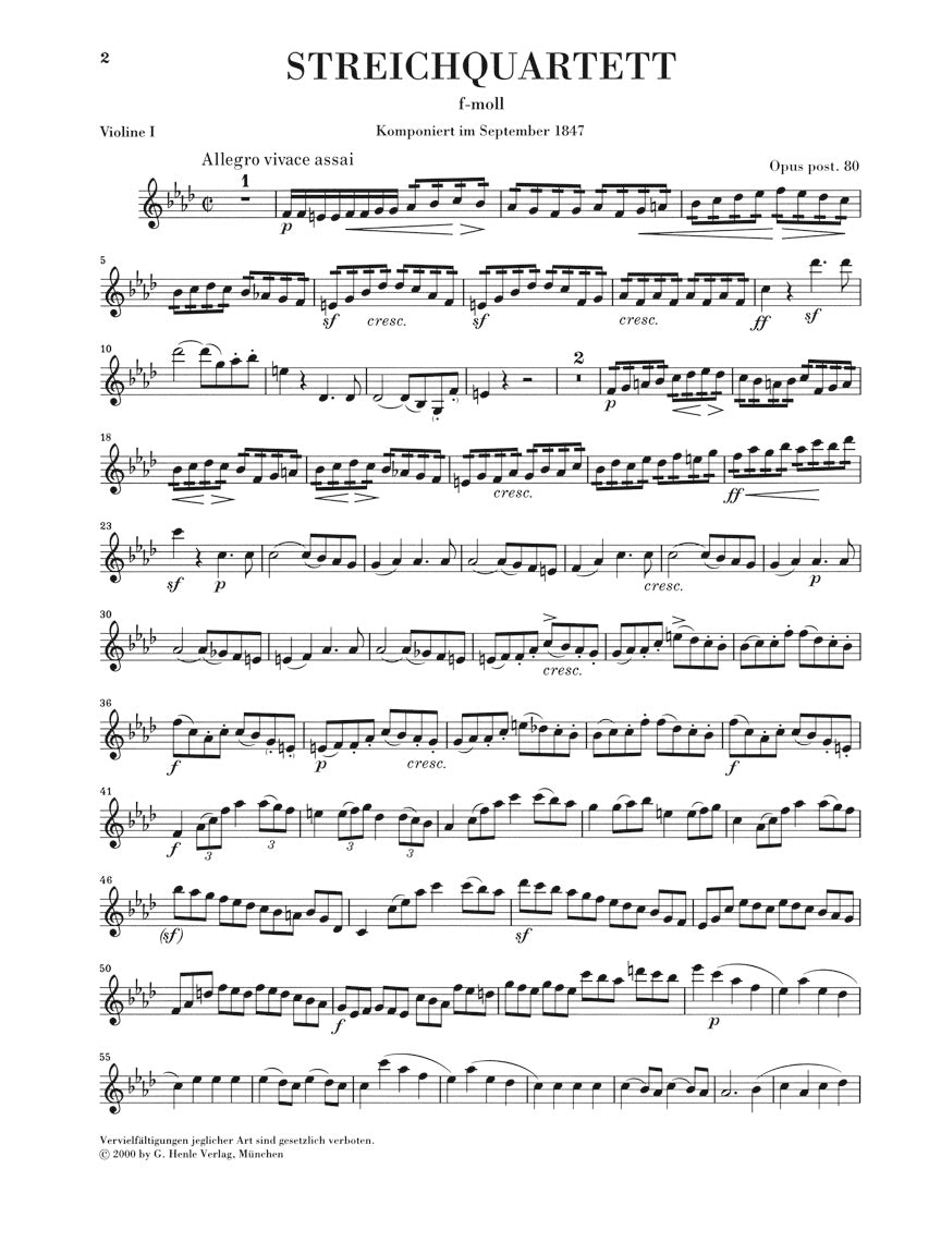 Mendelssohn String Quartet in f minor Opus Posthumous 80