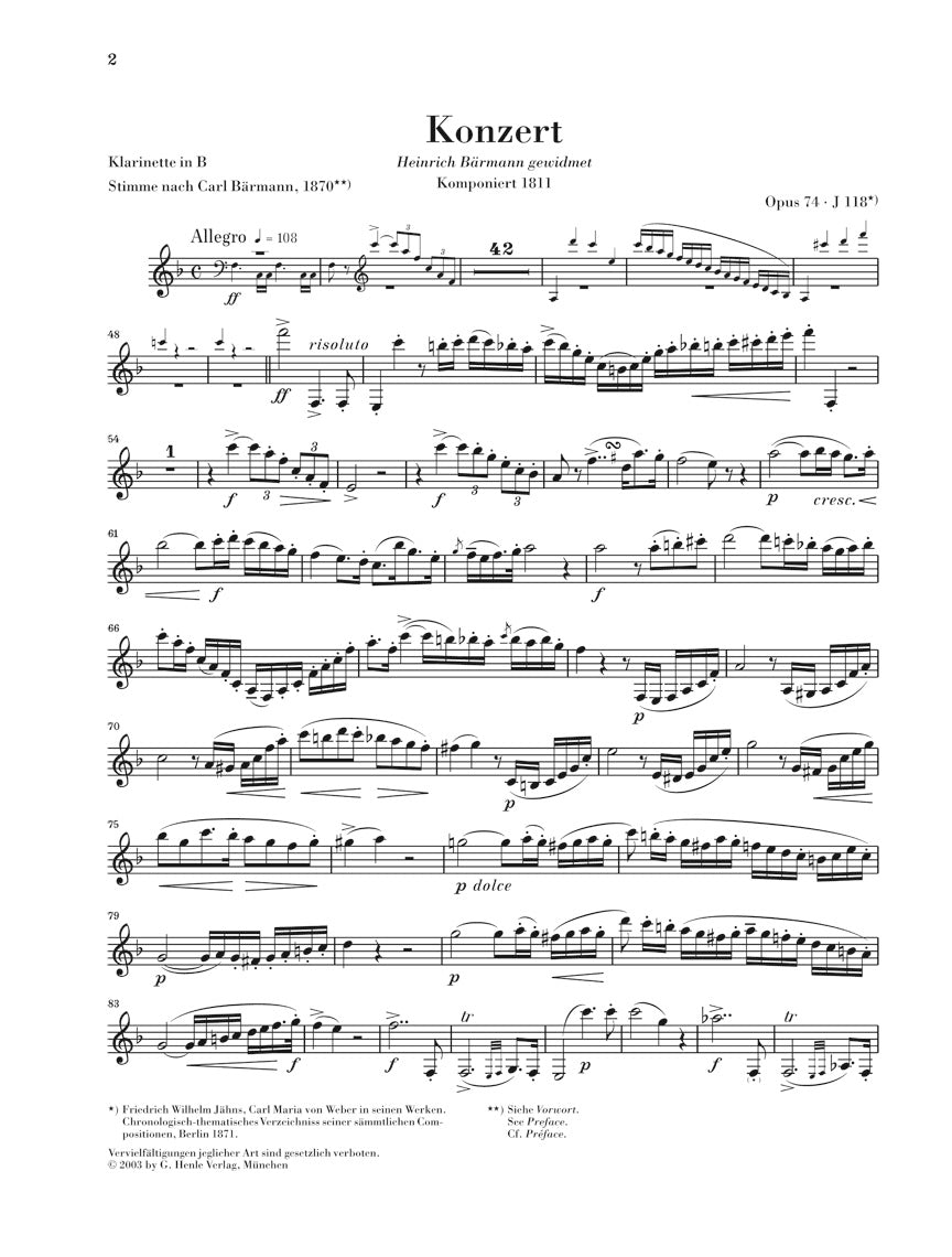 Weber Clarinet Concerto No 2 in E flat major Opus 74