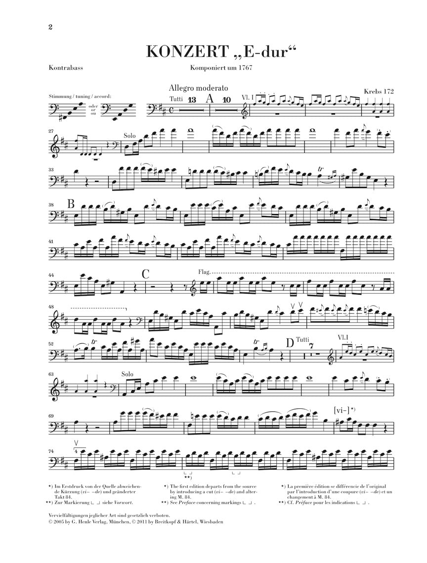 Dittersdorf Double Bass Concerto E Major Krebs 172