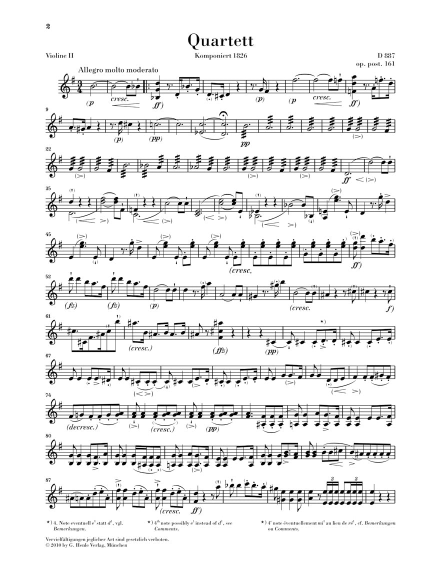 Schubert String Quartet in G major Opus Posthumous 161 D 887