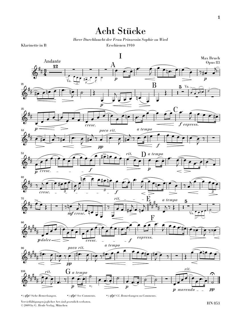 Bruch 8 Pieces for Clarinet (or Violin), Viola (or Cello) and Piano Opus 83
