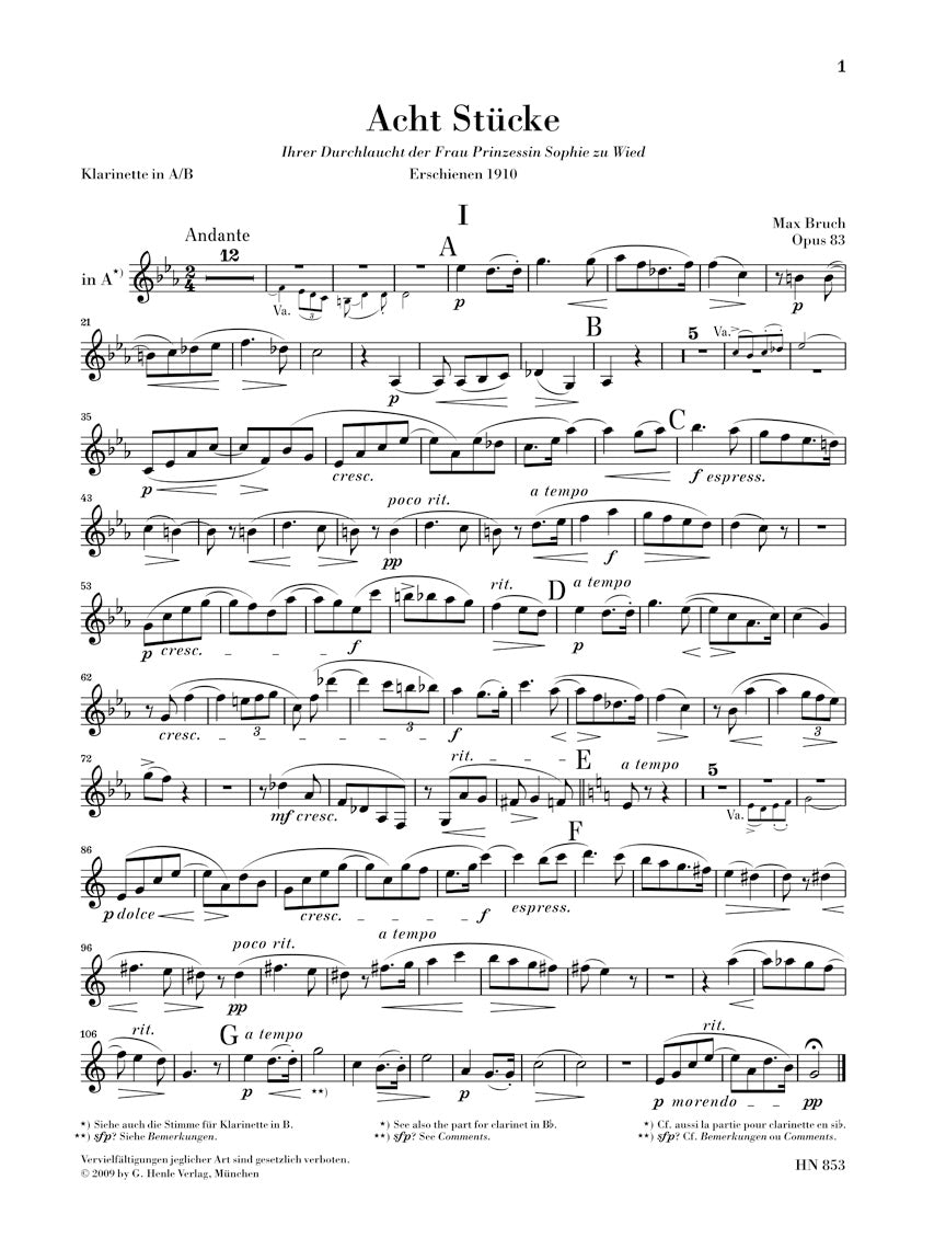 Bruch 8 Pieces for Clarinet (or Violin), Viola (or Cello) and Piano Opus 83