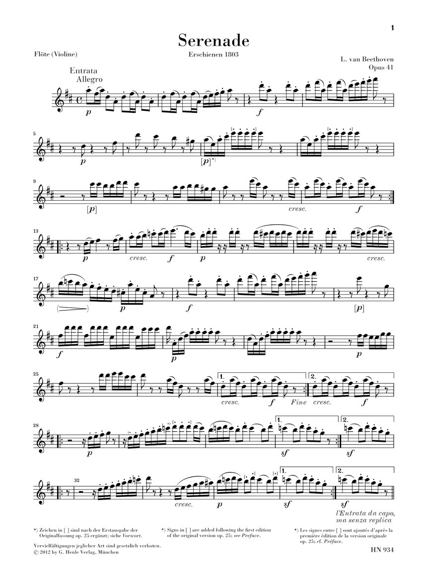 Beethoven Serenade Opus 41 for Piano and Flute (or Violin)