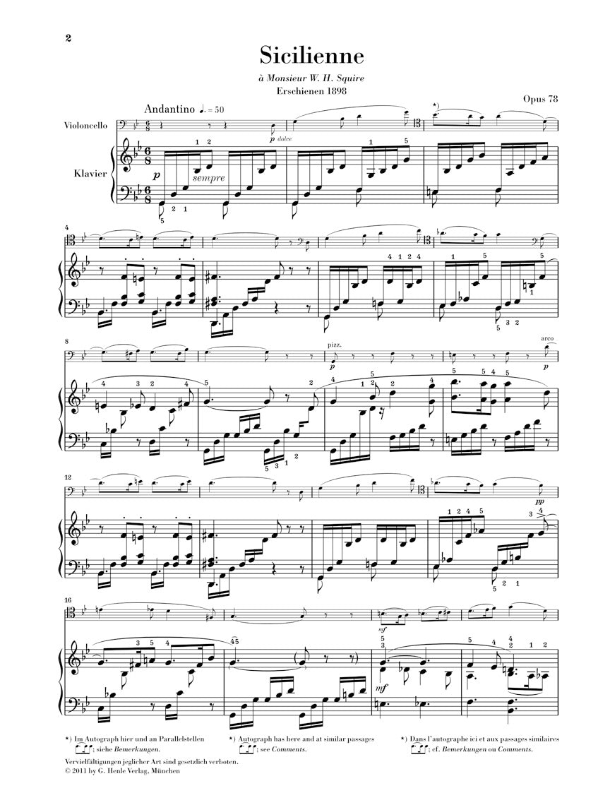 Faure Sicilienne Op. 78 For Cello And Piano