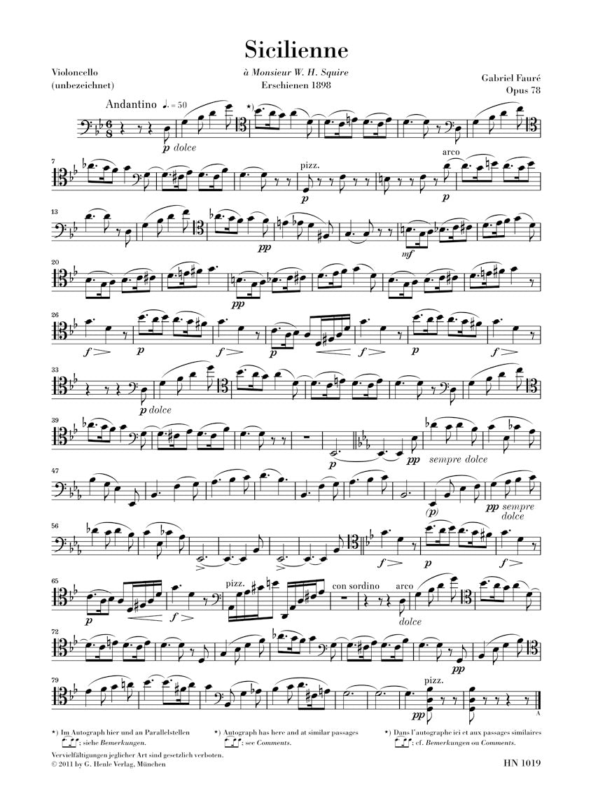 Faure Sicilienne Op. 78 For Cello And Piano