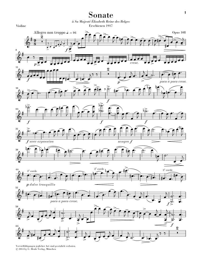 Faure Violin Sonata No. 2 in E minor, Op. 108 - Violin and Piano with Marked and Unmarked String Parts