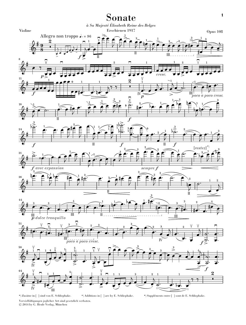 Faure Violin Sonata No. 2 in E minor, Op. 108 - Violin and Piano with Marked and Unmarked String Parts