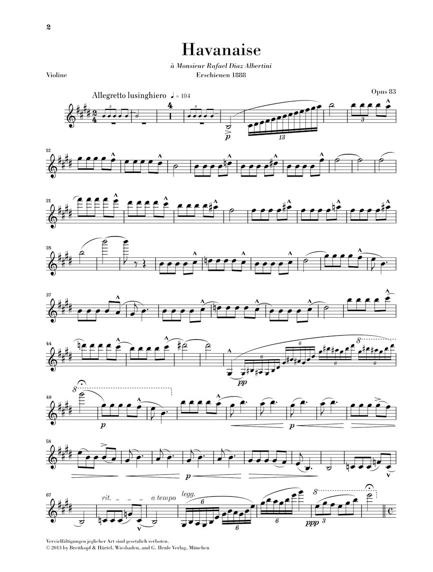 Saint-Saens Havanaise Op. 83 Violin And Piano With Marked And Unmarked String Parts