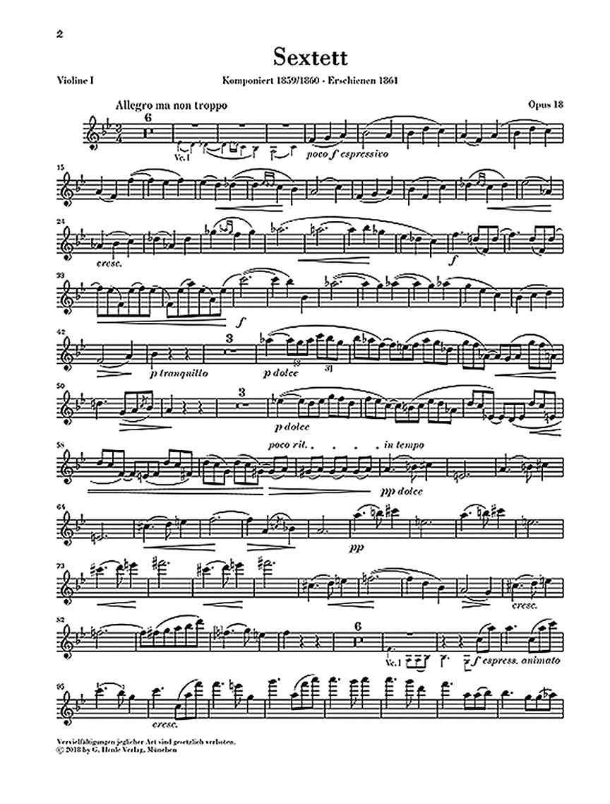 Brahms String Sextet No 1 Opus 18 in B flat major