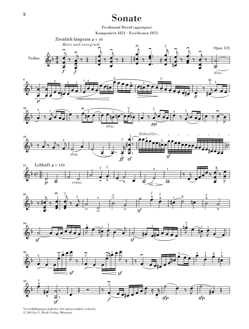 Schumann Violin Sonata No 2 in D minor Opus 121