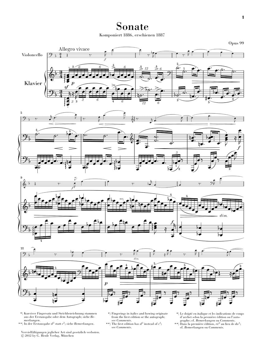 Brahms Sonata for Piano and Violoncello in F major Opus 99