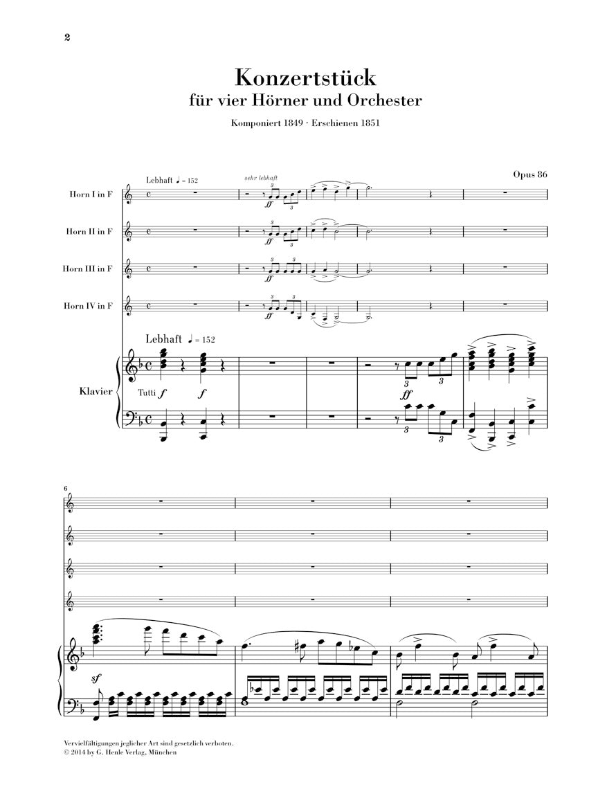 Schumann Concert Piece For Four (4) Horns And Orchestra Op. 86 (piano Reduction)