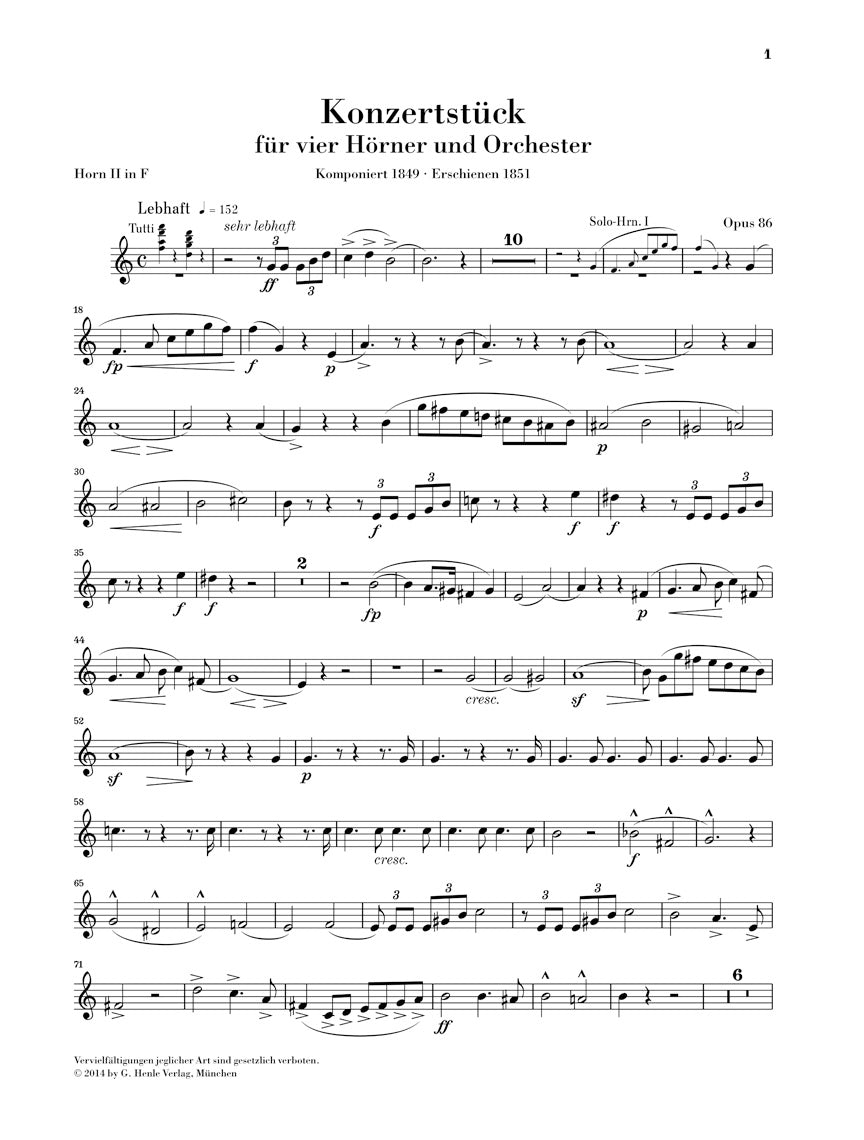 Schumann Concert Piece For Four (4) Horns And Orchestra Op. 86 (piano Reduction)