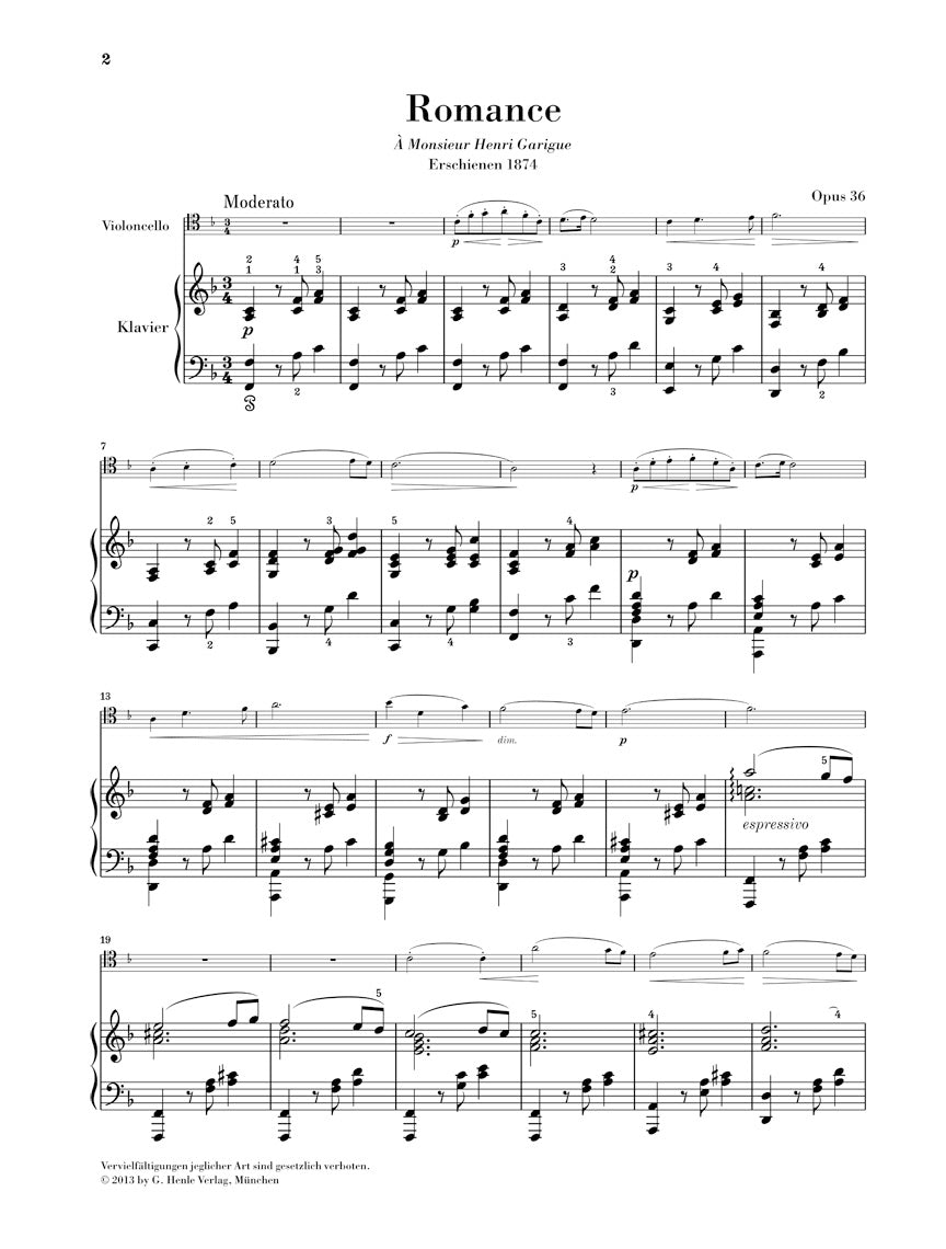 Saint-Saens Romances for Horn and Piano; Version for Violoncello and Piano