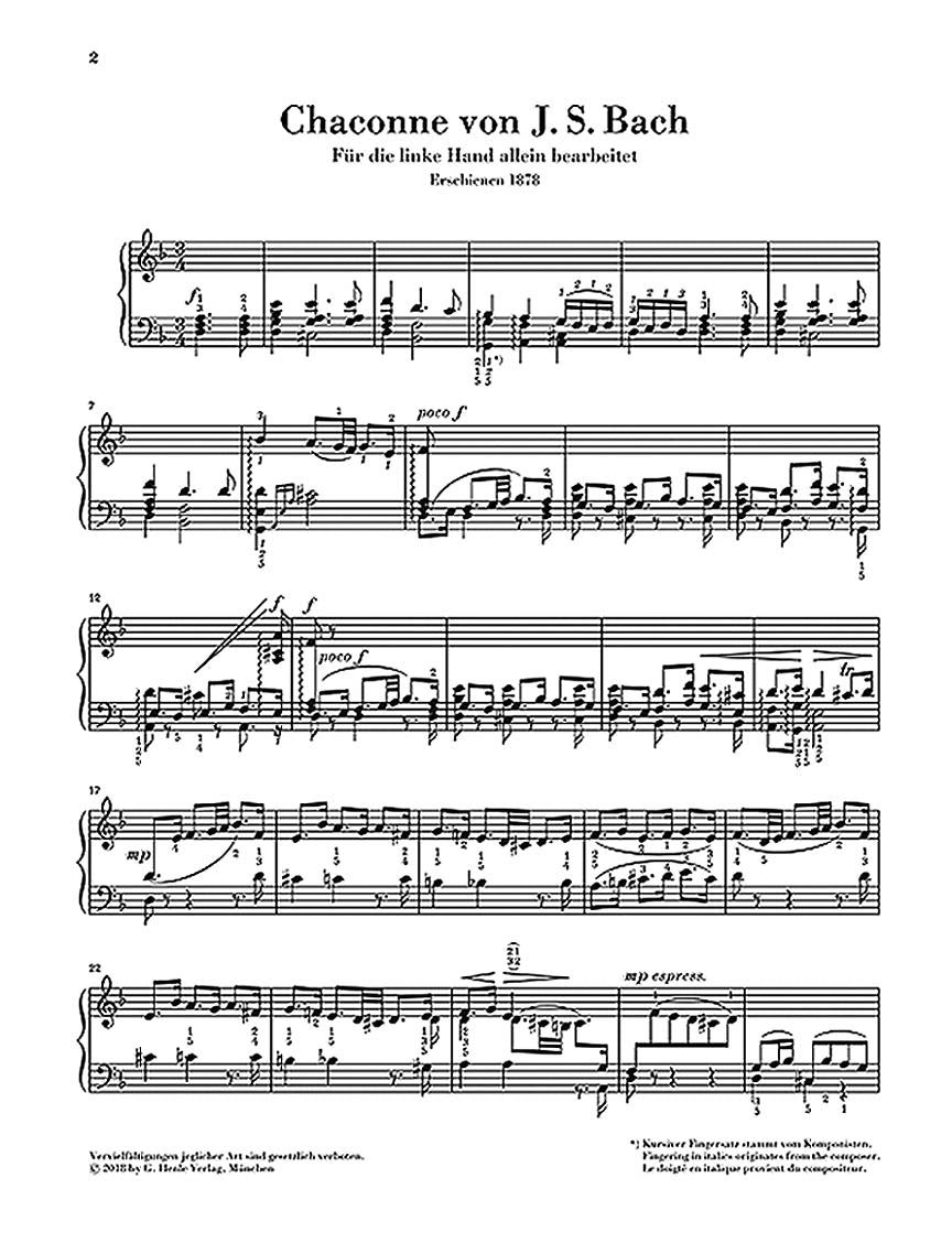 Bach-Brahms Chaconne from Partita No. 2 D Minor (Js Bach) Arrangment for Piano, Left-Hand