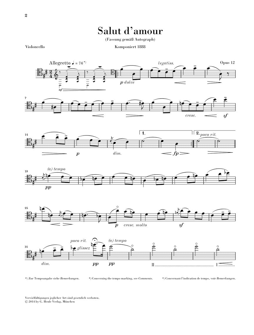 Elgar: Salut d'amour Op. 12 for Cello and Piano