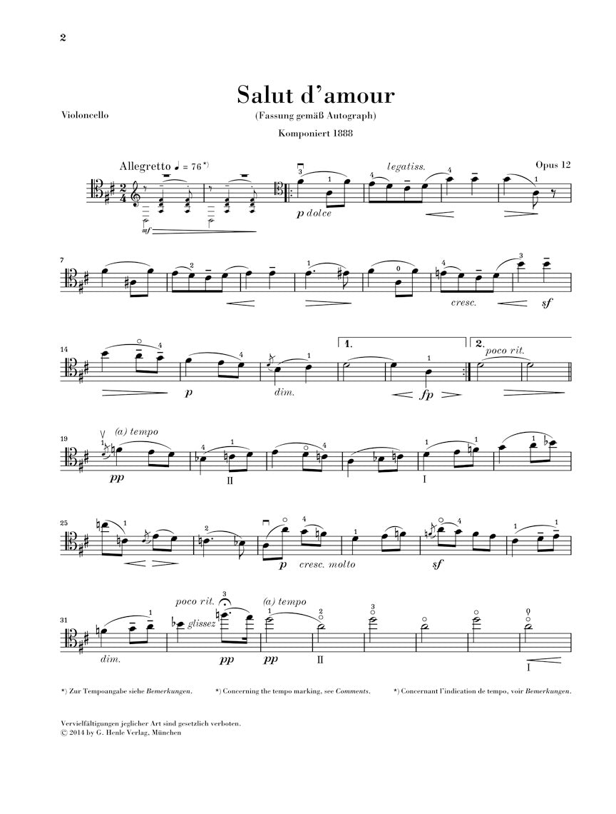 Elgar: Salut d'amour Op. 12 for Cello and Piano