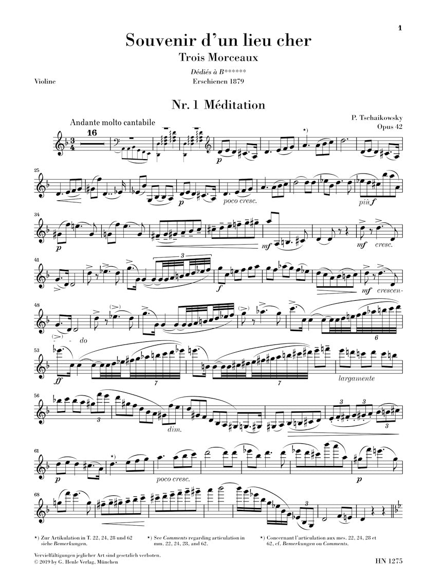 Tchaikovsky Souvenir D'un Lieu Cher Op 42. Violin and Piano