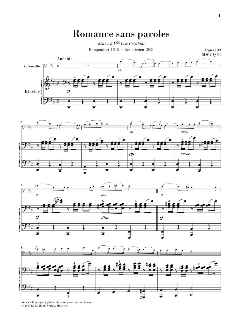 Mendelssohn Romances sans paroles, Op. 109