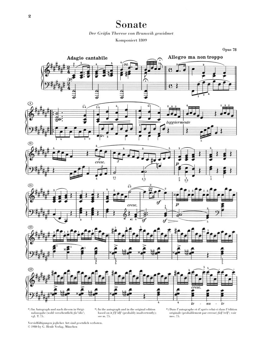 Beethoven Piano Sonata No 24 in F sharp major Opus 78 (À Thérèse)