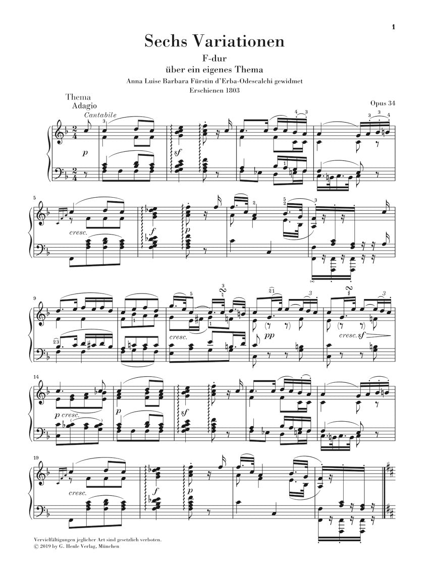 Beethoven 6 Variations in F Major Op. 34 Piano Solo