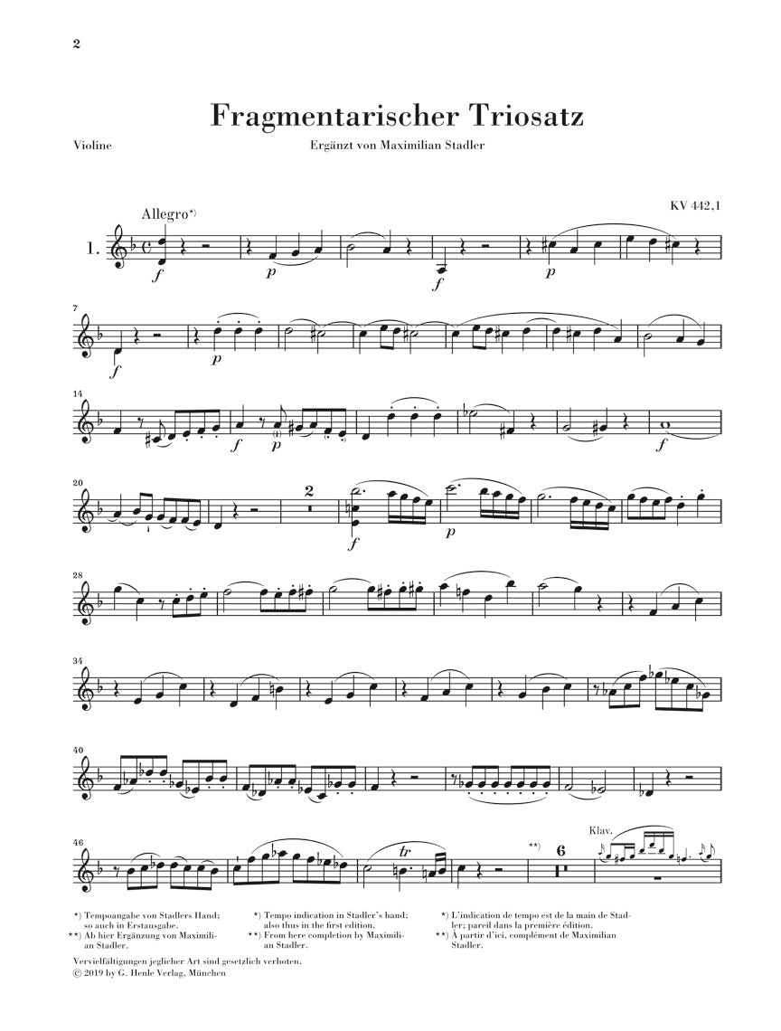 Mozart 3 Movements for Piano Trio (Fragments) K 442