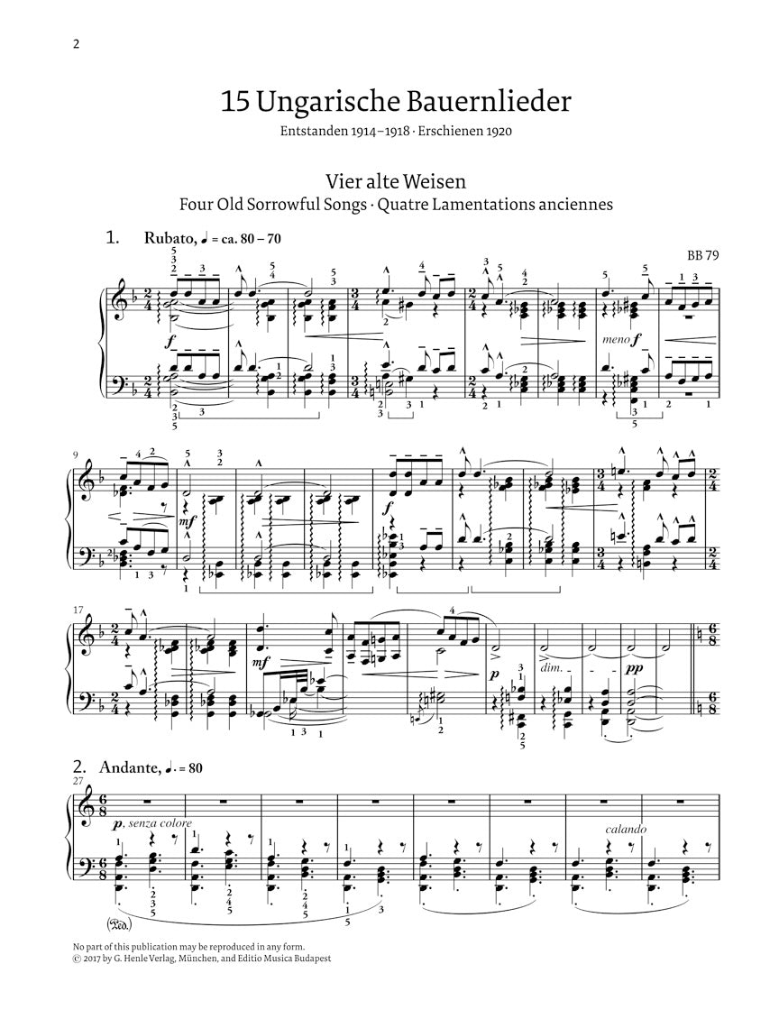 Bartok 15 Hungarian Peasant Songs for Piano Solo