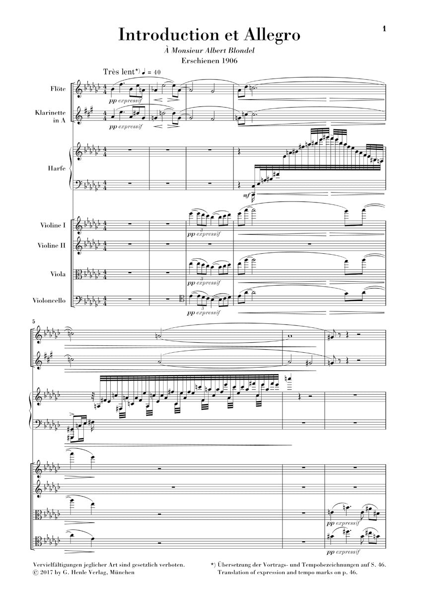 Ravel Introduction et Allegro for Harp, Flute, Clarinet and String Quartet Study Score