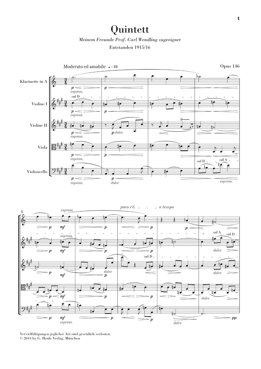 Reger Clarinet Quintet in A Major Op. 146 Study Score