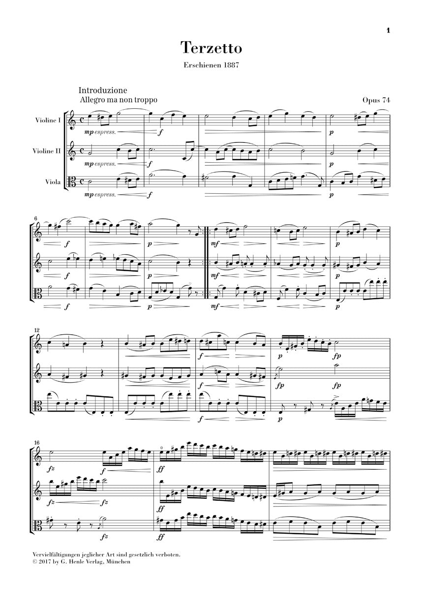 Dvořák: Terzetto in C Major, Op. 74 for Two Violins and Viola (Study Score)